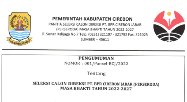 Seleksi Calon Direksi PT. BPR Cirebon JABAR (PERSERODA) Masa Bhakti Tahun 2022-2027