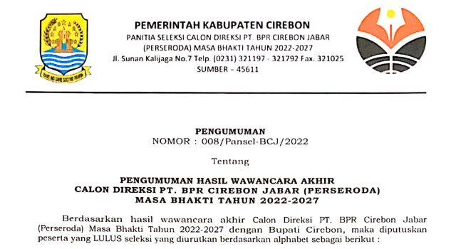 Pengumuman Hasil Wawancara Akhir Calon Direksi PT. BPR Cirebon Jabar (PERSERODA) Masa Bhakti Tahun 2022-2027