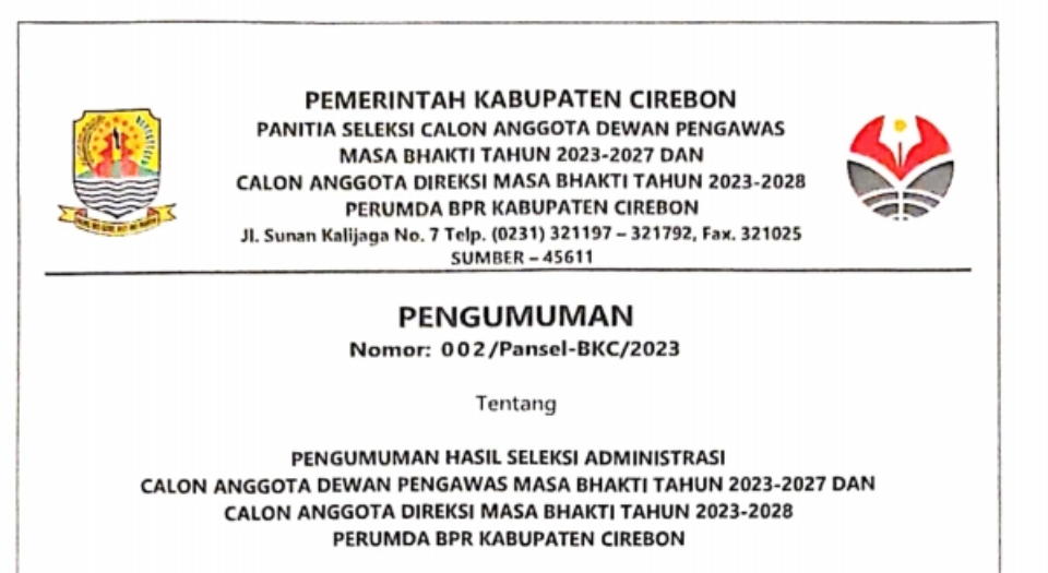 Pengumuman Hasil Seleksi Administrasi Calon Anggota Dewan Pengawas dan Calon Anggota Direksi Perumda BPR Kabupaten Cirebon
